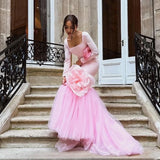 Vevesc Eye Catching Pink Mermaid Evening Dresses With 3D Flower Details Square Neckline Full Sleeves Long Formal Dress
