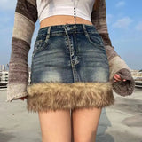 Vevesc Euramerican Vintage All Match Popular Spliced Faux Fur Skirt Y2k Aesthetic Denim Streetwear Short Drsee Harajuku Punk Girl Skirt