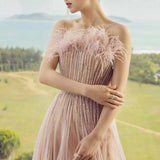 Vevesc Pink A-Line Strapless Sexy Evening Dresses Customized OEM/ODM Party Gowns Luxury Feather Beaded For Women