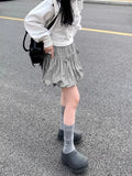 Vevesc Sweet Cool Ruched Bud Lantern Skirts Y2k E-Girl High Waist Lace Up Skirt For Women 2024 Summer New Gray Loose Faldas Mujer