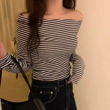 Vevesc Autumn Winter New Bottoming T-shirt for Women Y2k Slim Fit Long Sleeve Tops Mujer Fashion Vintage Black White Stripes Tee Shirt