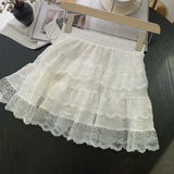 Vevesc  Ruffles Women Skirts Lace Solid Spring Summer Sweet Korean Fashion Faldas Mujer A-line High Waist Sexy Mini Skirt