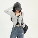 Vevesc Korean Bandage Two-piece Cardigan Camis Set Women High Street Long Sleeve Gray V-neck Slim Thin Shirts Fashion Harajuku Y2K Tops