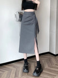 Vevesc Women Grey A-Line Long Skirts Y2k Harajuku Korean Vintage 90s Aesthetic High Waist Skirt 2000s Trashy Clothes Summer