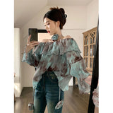 Vevesc Vintage 90S Tie Dye Shirts Women Sexy Slash Neck Flare Long Sleeve Blouses Summer Korean Elegant 3D Flower Casual Tops New