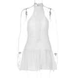 Vevesc Hollow Knit Halter Mini Dresses White Crochet See Through Vacation Outfits for Women Cute Sexy Clubbing Dress