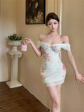 Vevesc  Spring Sweet Flower Printed Bodycon Vestidos Slash Collar Mesh Slim Fit Short Sleeved Dress for Women Summer Sexy Sheath Dresses