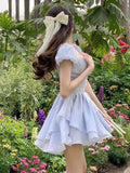 Vevesc Summer Bule Sweet Kawaii Dress Women Strappy Elegant Fashion Party Mini Dress Female Ruffle Flounce Korean Casual Dress New