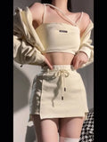 Vevesc Fashion Simple Long Sleeve Zipper Cardigan Sexy Slim Fit Crop Top Vest Y2k High Waist Skirts 2024 Summer New Three Piece Sets