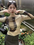 Vevesc Y2K Aesthetic Top Women Patchwork Slim Tees Female Round Neck Long Sleeve Top Ladies Chic Streetwear Summer Fashion T-shirts