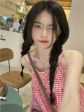 Vevesc Red Plaid Camisole Women Backless Hotsweet Bandage All-match Loose College Personality Chic Summer Korean Style Fashion Ulzzang