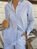 Vevesc  Blue Minimalism Boyfriend Stripe Shirts Women Single Breasted Turn Down Collar Long Sleeve Casual Loose Leisure Simple Clothes