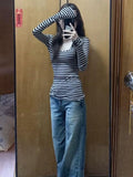 Vevesc American Fashion Popular V Neck Long Sleeve Shirts Y2k Aesthetic Striped Vintage Punk Tops All Match Casual Girl Clothing