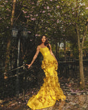 Vevesc Gold Stretchy Mermaid Evening Dresses With Ruffles Trimmed Details Square Neckline Long Maxi Gowns To Party