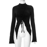 Vevesc Euramerican O Neck Long Sleeve Shirts Moda Fashion Plested Drawstring Side Split Design Tops Y2k Aesthetic Punk Vintage Clothes