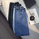 Vevesc Slit Midi Denim Skirts Women Streetwear High Waist A Line Jeans Skirt Vintage Office Lady Korean Split Casual All Match Skirts