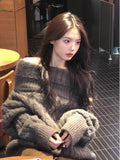 Vevesc American High Street Slash Neck Knitted Lazy Pullovers Y2k Aesthetic Punk Harajuku Loose Vintage Jumpers Solid Korean Clothes