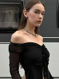 Vevesc  Slash Neck Lace-Up Shirts For Women Sexy Mesh Y2k Top Fashion Drop Sleeves Aesthetic Clothes Solid Casual Long Sleeve T Shirts