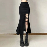 Vevesc Y2K Split Midi Skirt Women Streetwear Bandage Black Mermaid Skirts Korean Gothic Sexy Slit High Waist Slim Trumpet Skirts