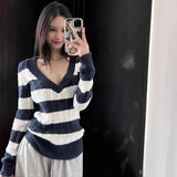 Vevesc  American Retro Striped V-neck Long-sleeved Sweater Fashion High Street Long Sleeve Sweater Harajuku Hip Hop Long Sleeve Sweater