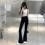 Vevesc Vintage Black Flare Pants Women Y2K Streetwear Elastic High Waist Skinny Pants Korean Fashion Casual Slim Solid Trousers