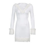 Vevesc Y2k Bodycon Dress for Women Fur Trim Hoodie Dresses Sexy Deep V Neck Long Sleeve Mini Short Dress Vintage Aesthetic Cute Clothes