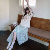 Vevesc  Irregular Skirts Women 2025 Summer Fashion Plaid Printed High Waist Sweet Long Skirt Female Casual Streetwear