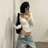 Vevesc American Fashion V-neck White Knitted T-shirts Summe New Bottoming Tops Y2k E-Girl Slim Fit Long Sleeve Tee Shirt