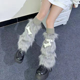 Vevesc Soft White Fluffy Star Appliques Leg Warmer Women Warm Faux Fur Stockings Long Socks Legging Foot Boot Covers Thick Calf Socks