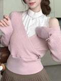 Vevesc Fake Two Piece Pink Sweet Knitted Tops Women Autumn New Slim Fit Pullovers Y2k Long Sleeve Patchwork Sweater Mujer