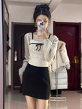 Vevesc Korean Luxury Temperament Two Piece Sets Design Women Clothes Spliced Bow Appliques Tank Tops Y2k Aesthetic Long U Neck Tops