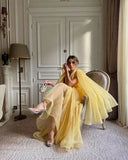 Vevesc Eye Catching Yellow Folds A-line Long Evening Dresses With Cape Sleeves Fashion Long Women Pleated Dresses To Party