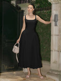 Vevesc  Fashion Temperament Y2K Solid Dress Women Square Collar Sleeveless Ruched Ruffles Midnight Birthday Party Long Bodycon