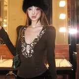 Vevesc Heavy American Vintage Sequin Sexy Deep V Neck Shirts Y2k Aesthetic Gothic High Street Harajuku Clothing Base Luxury Girl Tops