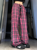 Vevesc Harajuku Pink Plaid Pants Women Cyber Y2K Egirl Wide Leg Checked Trousers Female Oversize Streetwear Edgy Style Sweatpants