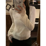 Vevesc New Elegant Korean All Match Patchwork Lace Long Sleeve Base Pullovers Solid Simple High End Punk Clothes Y2k Temperament Tops