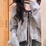 Vevesc Elegant Fashion V-neck Lace Up Knitted Tops Women Early Autumn New Sweaters Coat  Y2k Long Sleeve Loose Cardigan