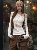 Vevesc Harajuku Sexy Lace Patchwork See Through T-Shirts Women Slim Fit Y2k Aesthetic Tees Skew Collar Vintage Grunge Bottoming Tshirts