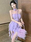 Vevesc Summer Purple Sexy Elegant Dress Women Backless Korean Style party mini Dress Female Ruffle Flounce Designer Vintage Dress