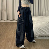 Vevesc American Vintage Washed Street Jeans for Women Y2k Grunge Loose Wide Leg Pants 2024 Spring New Blue Straight Trousers