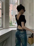 Vevesc Y2k Aesthetic Solid Backless Short Sleeve Tshirts 2024 Summer Slim All Match Crop Top Ins Sexy Streetwear Fashion Women T-shirt
