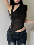 Vevesc Sexy Streetwear Gauze Vintage Skew Collar Tank Women Y2k Aesthetic Irregular Tops Summer Grunge Bandage Fairy Crop Camisoles
