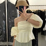 Vevesc Summer Blouse Female French Vintage Temperament Blusa Slash Neck Sexy Off Shoulder Waist Slim Puff Sleeves Short Shirts