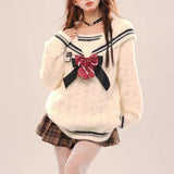 Vevesc Preppy Style Kawaii Knitted Pullover Women Sweet Elegant Sailor Collar Sweaters Bow Patchwork Japanese Vintage Pullover