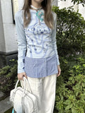 Vevesc Autumn Fake Two Pieces Casual T-shirts Y2k Aesthetic Cartoon Printing Slim Fit Tops Women Grunge Vintage Zipper Harajuku Tees