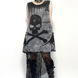 Vevesc Subcultural American High Street O Neck Sleeveless Dresses Gothic Skull Print Vintage Harajuku Women Dress Y2k Aesthetic Clothes