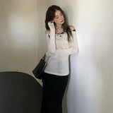 Vevesc Korean Slash Neck Shirts Fashion Design Patchwork Lace Y2k Aesthetic Harajuku Girl Base Tops All  Match Loose Clothes