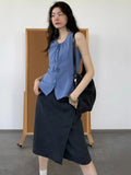 Vevesc  Fashion Vintage Matching Sets O Neck Lace Up Sleeveless Vests High Waist Patchwork Skirts Summer Design Women's Clothing