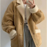 Vevesc  Vintage Suede Jacket for Women Warm Winter Mustang Jackets Fleece Casual Oversize Lamb Wool New Outwear Korean Fashion