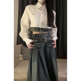 Vevesc Korean Simple Lapel Neck White Long Sleeve Shirts Women+ Y2k E-Girl High Waist Denim Skirts 2024 Autumn New Two Piece Sets